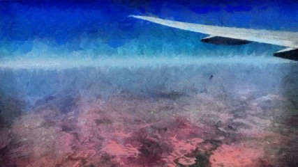 Naklejka na ściany i meble Oil painting. Art print for wall decor. Acrylic artwork. Big size poster. Watercolor drawing. Modern style fine art. Beautiful sky landscape. Airplane view.