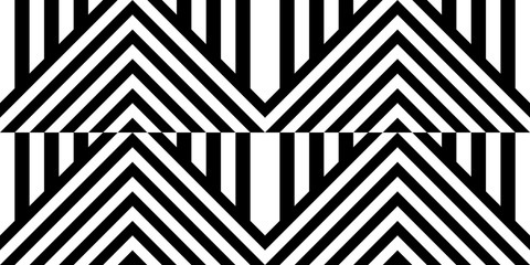 Seamless pattern with striped black white straight lines and diagonal inclined lines (zigzag, chevron). Optical illusion effect, op art. Vector vibrant decorative background, texture.