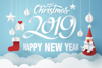 Paper art of Santa claus hanging in the sky with merry Christmas and happy new year 2019 wording - obrazy, fototapety, plakaty