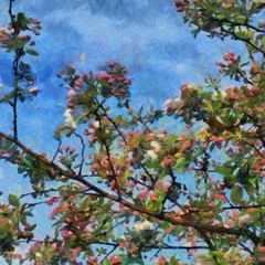 Oil painting. Art print for wall decor. Acrylic artwork. Big size poster. Watercolor drawing. Modern style fine art. Beautiful spring landscape. Blossom branch.