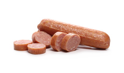 Sausages with slices isolated on white background