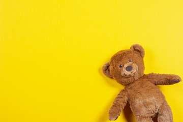Teddy bear toy on yellow background. Top view