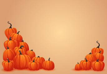 Heaps of ripe orange pumpkins in the corners. Vector autumn, thanksgiving, halloween banner, poster, border design.