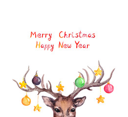 Christmas card - deer animal head, decorative baubles on horns. Watercolor