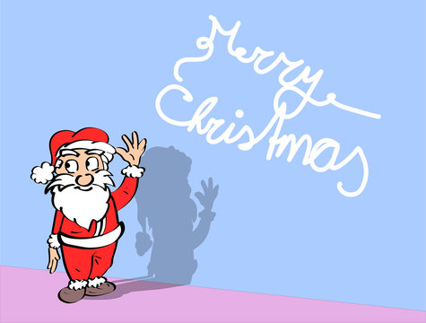 Volledige gekleurde illustratie van kerstman tegen een kleurige achtergrond. Leuk voor een kerstkaart. Grappige cartoon stijl - ingekleurde lijntekening. 