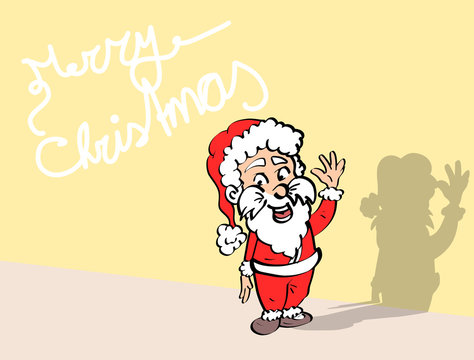 Volledige gekleurde illustratie van kerstman tegen een kleurige achtergrond. Leuk voor een kerstkaart. Grappige cartoon stijl - ingekleurde lijntekening. 