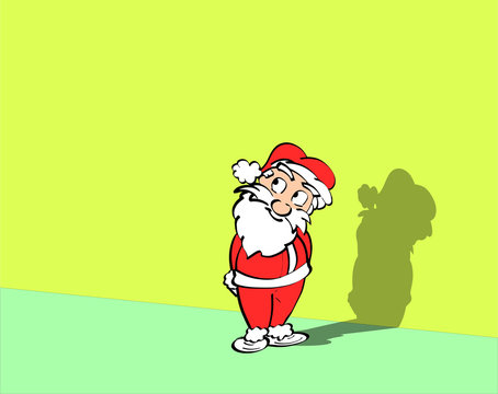 Volledige gekleurde illustratie van kerstman tegen een kleurige achtergrond. Leuk voor een kerstkaart. Grappige cartoon stijl - ingekleurde lijntekening. 