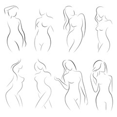 Set of female figures. Collection of outlines of young girls. Stylized slender body. Linear Art. Black and white vector illustration. Contour of a slender figure.