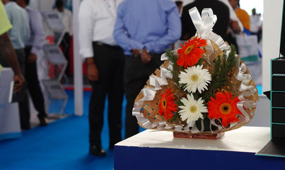 Closeup view of flowers bouquet in a stall,decoration in a trade show