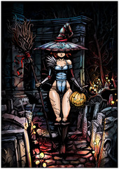 Young witch with a broom and a pumpkin