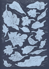 white leaves on a colored background, linocut