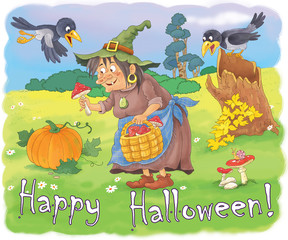 Halloween. Greeting card. Illustration for children. A cute witch. Cute and funny cartoon characters. Coloring page