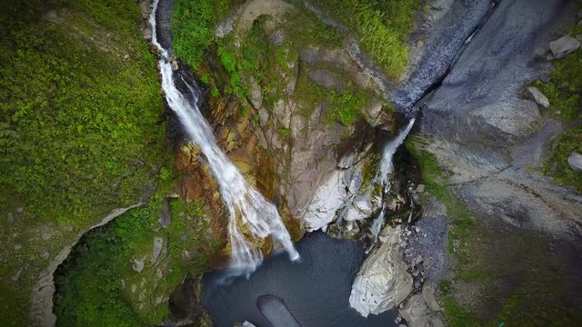 Aerial view of waterfall in Banos, Equador.