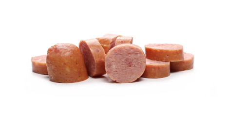Sausages with slices isolated on white background