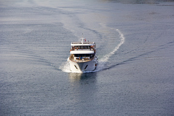 Small cruise ship sailing across the Adriatic Sea - Air photography