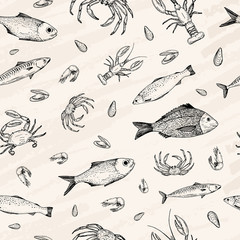 Vector illustration. Seafood, sea fish and crab. Pen style vector seamless pattern.