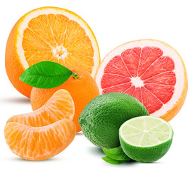 Fresh mandarin lime and grapefruit with slice, cut in half and green leaf