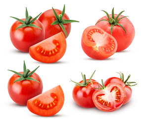 Collection fresh red tomato with green leaves, whole, cut in half, slice