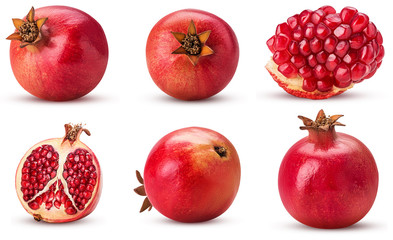 Collection ripe pomegranate fruit, whole, cut in half, slice