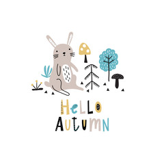Autumn background with cute doodle rabbit