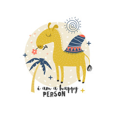 Cartoon camel and inscription