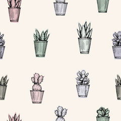 Vector pen style illustration. Cacti and succulents seamless pattern. Paper background design. Print design.