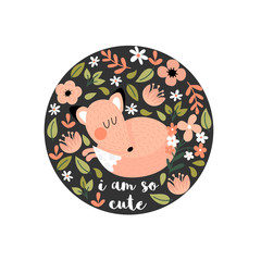 Vector cartoon illustration with cute fox