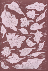 white leaves on a colored background, linocut