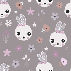 Obraz premium Seamless pattern with rabbits and flowers