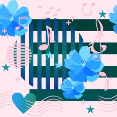Ceramic tile or seamless print for fabric with blue cosmos flowers,  musical rulers passing through the heart, music notes and signs, stars and elements in memphis style on pink background in vector.