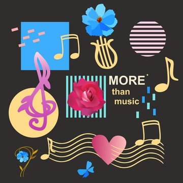 Fashionable musical background with treble and bass clefs, musical notes, lyre, abstract geometric figures, garden flowers and musical rulers passing through the heart in vector.
