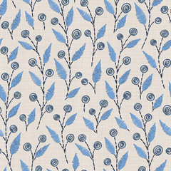  Embroidery floral seamless pattern on linen cloth texture