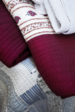 Close up of vintage fabrics on a French market in Provence