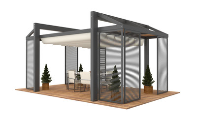 3D render of modern luxury garden pergola. With plants and furniture. Isolated on white background.