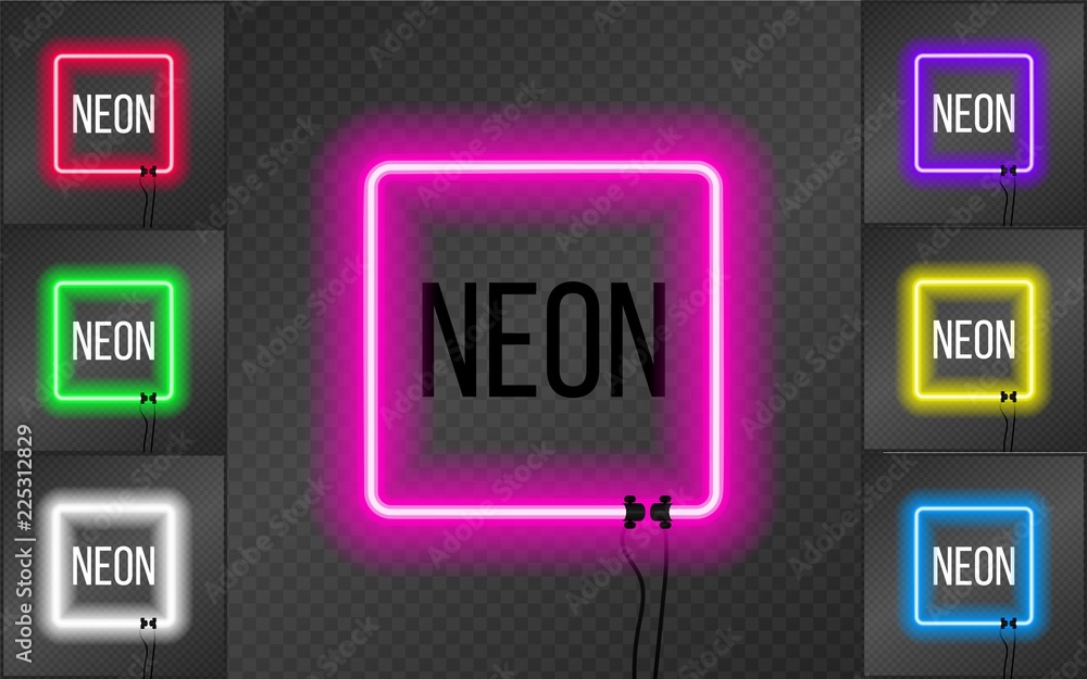 Poster set of neon square frames on transparent background.