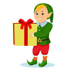 Vector cartoon christmas elf with a gift