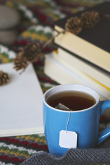 A warm scene of a tea and books