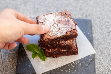 fresh homemade fudgy chocolate brownie / hausgemachter brownie