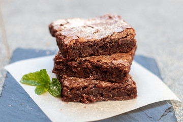 fresh homemade fudgy chocolate brownie / hausgemachter brownie