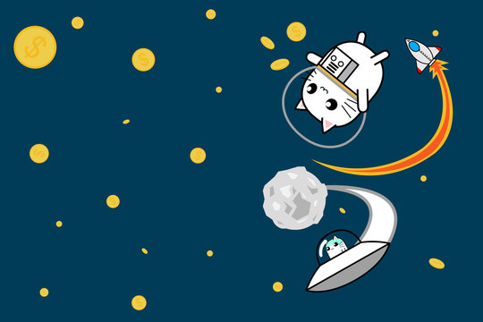 Cute cat astronaut with spacecraft cartoon character design discovery and explore money in space, chance for start business concept background.