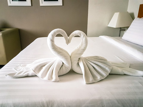 Shot Of Hotel Room Towels In Swan Shapes, Towel Art, Maid Service