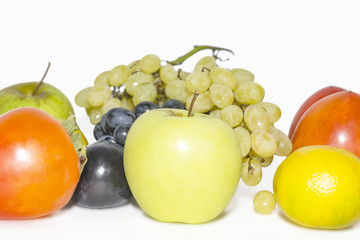 apple, persimmon, mandarin, plums, grapes