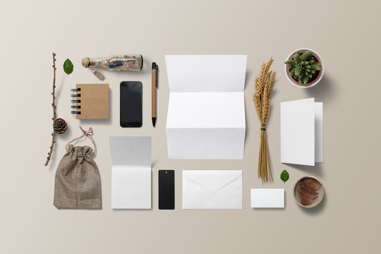 flatlay arrangement of branding and nature elements