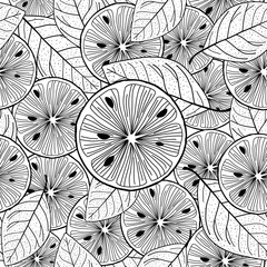 Sliced lemon and leafes. Black and white Seamless Vector Background.