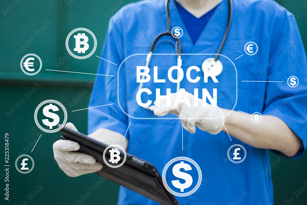 Aufkleber doctor presses button blockchain currency on virtual electronic user interface.