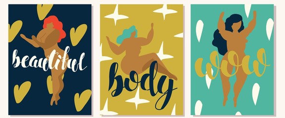 Set of vector illustrations on the body of positive. All women are beautiful.