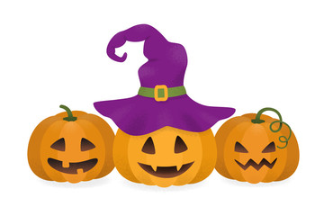 Halloween pumpkins and witch hat. Vector illustration in cartoon style