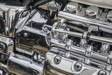 Chromed motorcycle engine parts with exhaust pipes, Motorcycle Engine,close-up