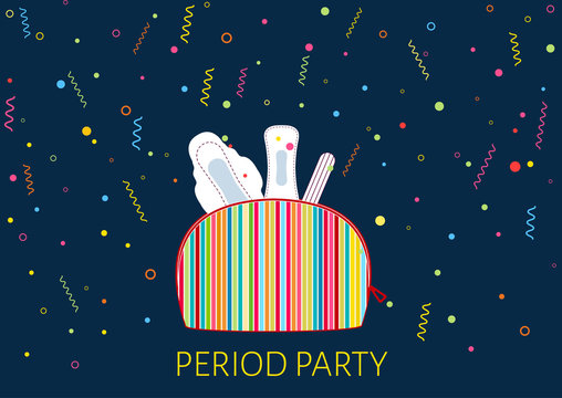 PrintVector illustration of girls kit with menstrual pads and tampon. First woman menstruation period party time. Menstruation period and feminine hygiene products. Celebrating daughters menses days.