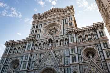 Facade and Tower of Cathedral of Saint Mary of Flower in Florence, Italy, Europe